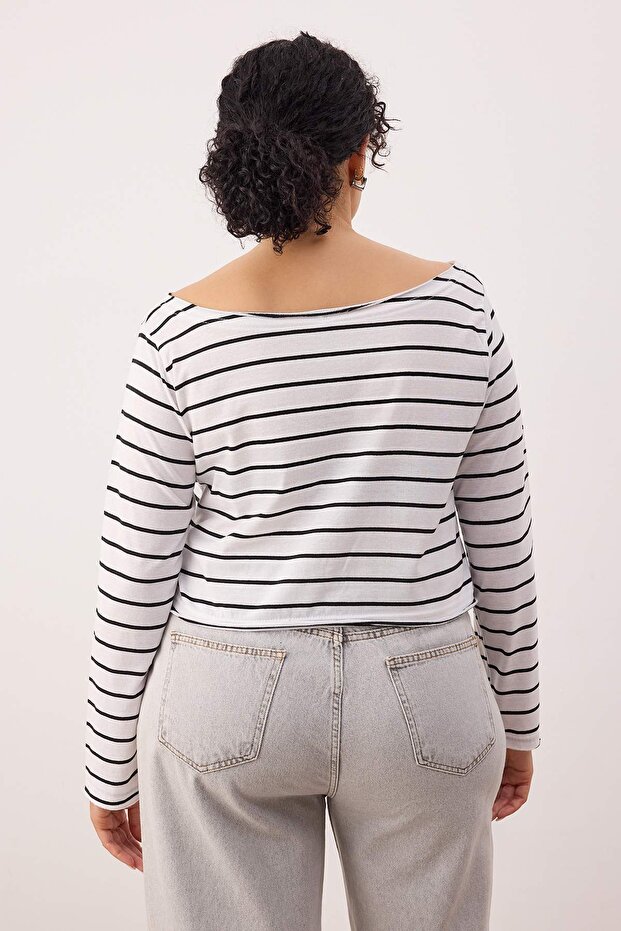 Çok Renkli 2'li Paket %100 Pamuk Asimetrik Kayık Yaka Crop Örme T-Shirt TBBAW26BF00001 - 7