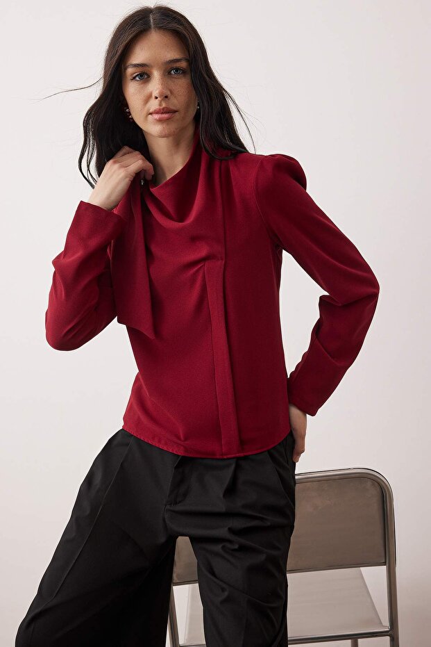 Bordo Şal Detaylı Degaje Yaka Dokuma Bluz TWOAW26BZ00284 - 1