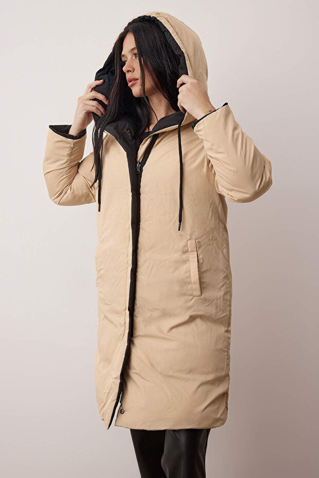 Palton lung reversibil cu glugă, rezistent la apă, negru-bej TWOAW23MO00052 - 8