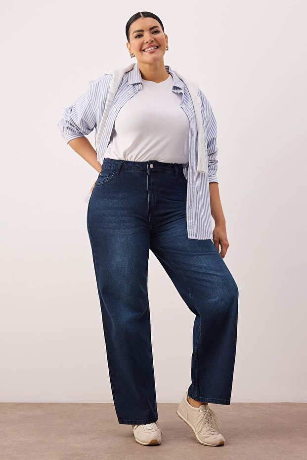 Gece Mavisi Yüksek Bel Geniş Paça Büyük Beden Wide Leg Jeans TBBAW26CJ00040 - 1