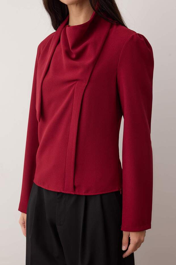 Bordo Şal Detaylı Degaje Yaka Dokuma Bluz TWOAW26BZ00284 - 3