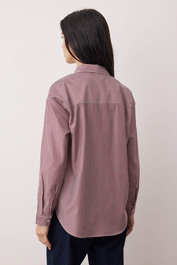 Bordo Çizgili Oversize/Geniş Kalıp Gömlek TWOAW26GO00126 - 4