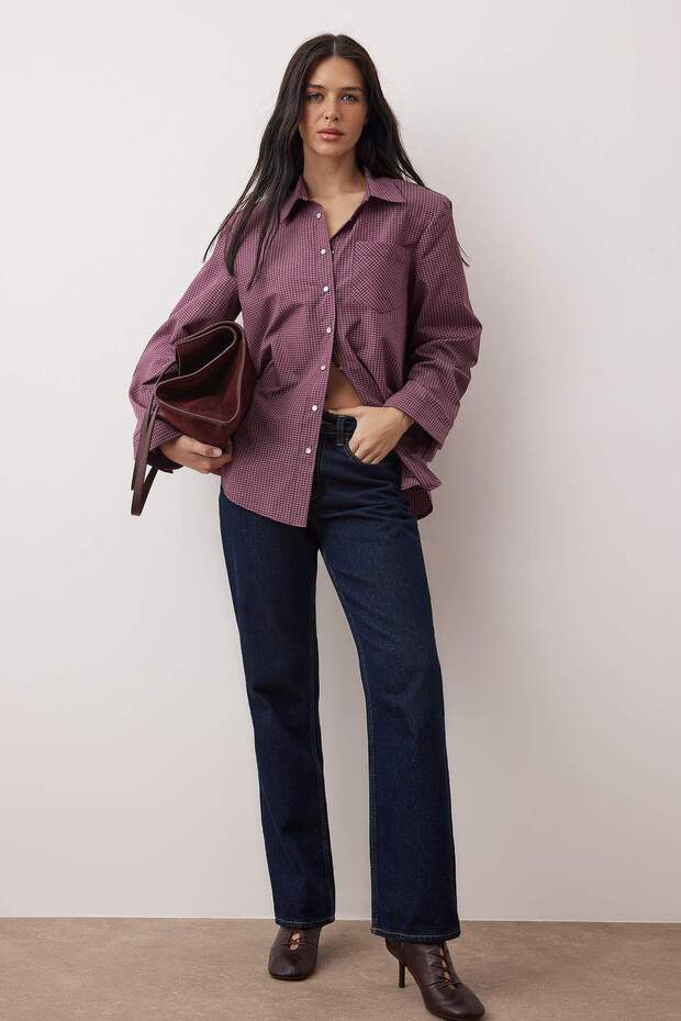 Bordo-Çok Renkli Kareli Vatkalı Geniş Manşetli Oversize Gömlek TWOAW26GO00127 - 2
