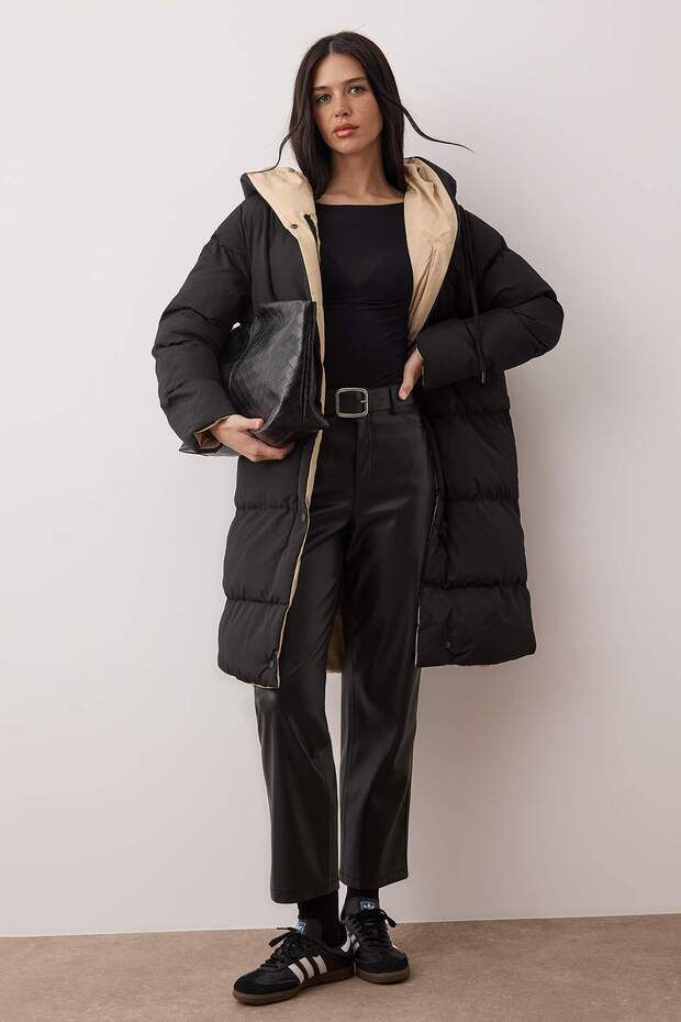 Palton lung reversibil cu glugă, rezistent la apă, negru-bej TWOAW23MO00052 - 7