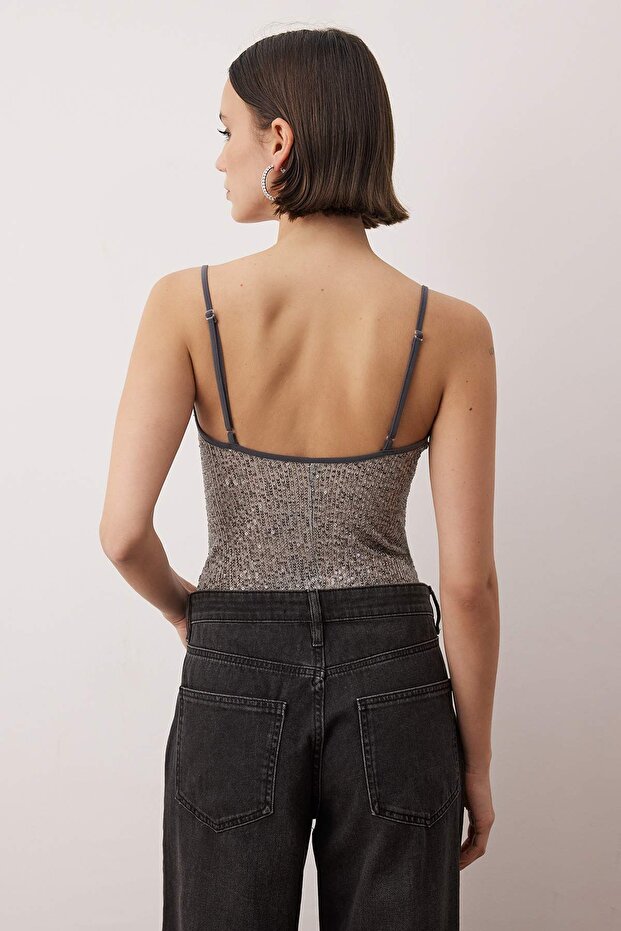 Antrasit Degaje Yaka Askılı Örme Payet Çıtçıtlı Body TPRAW26BD00030 - 4