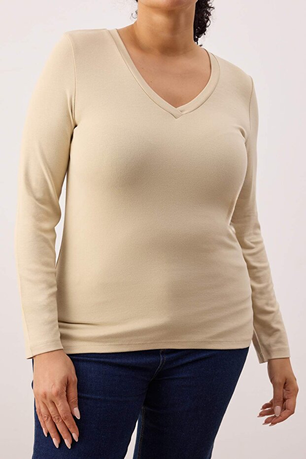 Kahverengi-Bej 2'li Paket Basic Ribana Yumuşak Örme Büyük Beden Bluz TBBAW26AF00107 - 3
