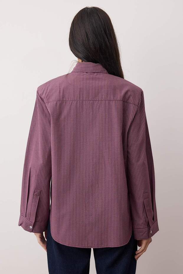 Bordo-Çok Renkli Kareli Vatkalı Geniş Manşetli Oversize Gömlek TWOAW26GO00127 - 4