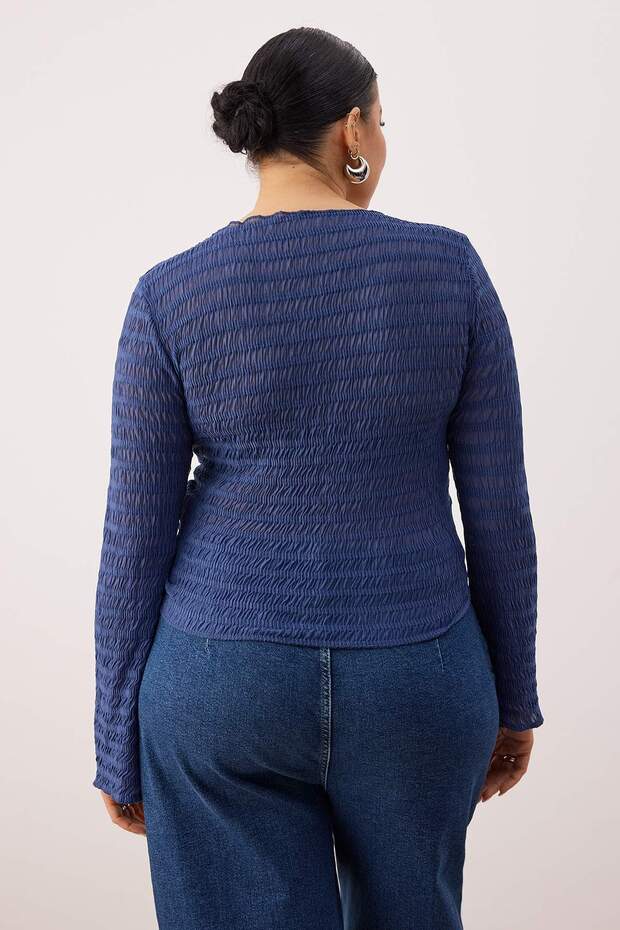 Indigo Gofre Dokulu Kumaş Crop Boy Örme Büyük Beden Bluz TBBAW26AF00082 - 4