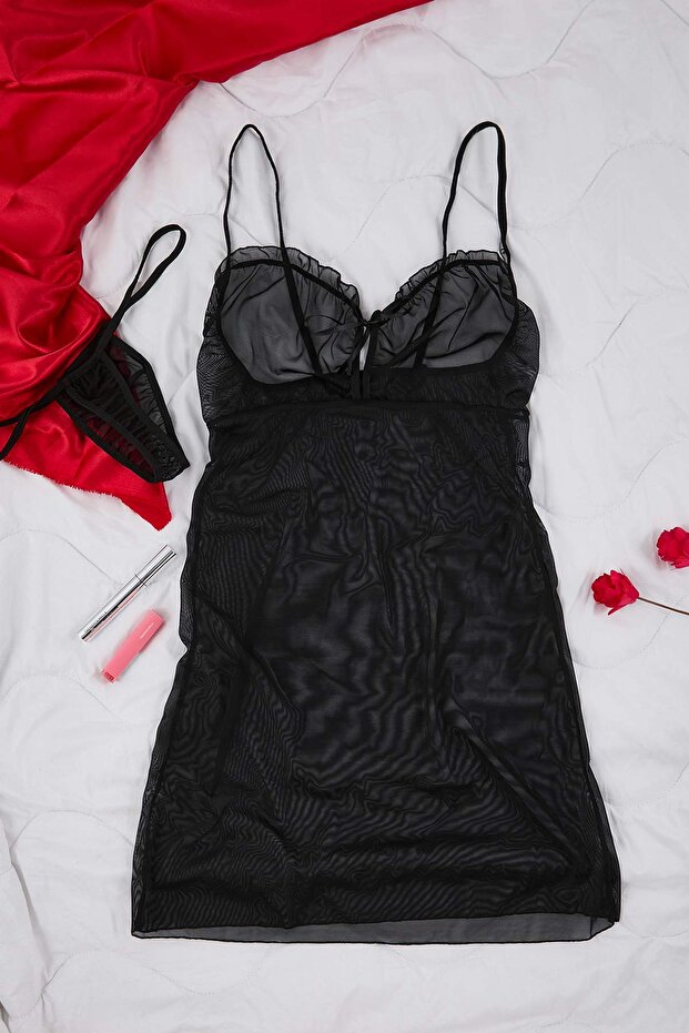 Siyah Tül Büzgü Detaylı İp Askılı Külutlu Örme Babydoll/Fantezi Gecelik THMAW26LL00019 - 6