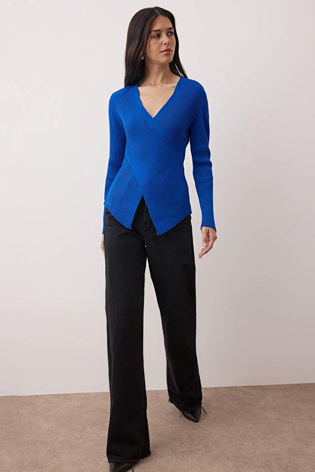 Saks*001 Fitted/Vücuda Oturan Kruvaze İnce Triko Kazak TWOAW26KZ00178 - 2