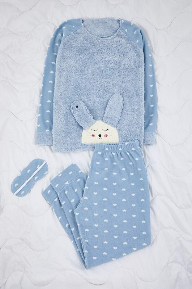 Blaues 3-teiliges Herren-Schlafband-Fleece-Winter-Strickpyjama-Set mit Herzmuster THMAW21PT0666 - 7