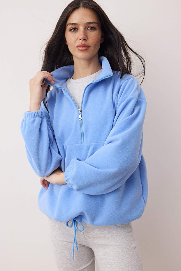 Açık Mavi Fermuarlı Dik Yaka Polar Regular/Normal Kesim Örme Sweatshirt TWOAW21SW0758 - 1