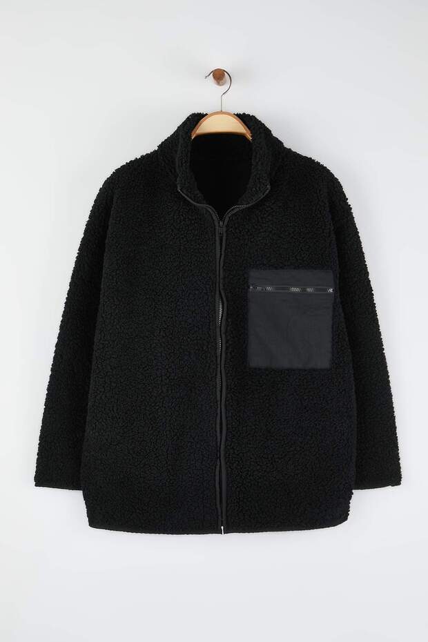 Winter Essentials Siyah Kalın Polar Fermuarlı Dik Yaka Cepli Örme Sweatshirt TBBAW26AO00022 - 8