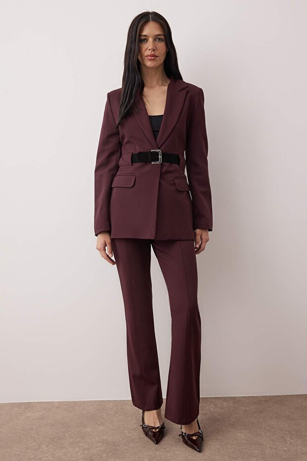 Mürdüm Kemerli Fitted/Vücuda Oturan Dokuma Blazer Ceket TWOAW26BC00068 - 2