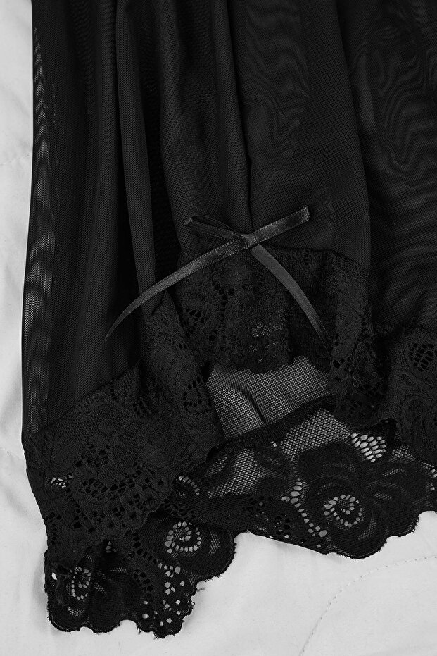 Siyah Tül Kurdele/Fiyonk ve Dantel Detaylı Kapsız Külotlu Babydoll/Fantezi Gecelik THMAW26LL00007 - 6