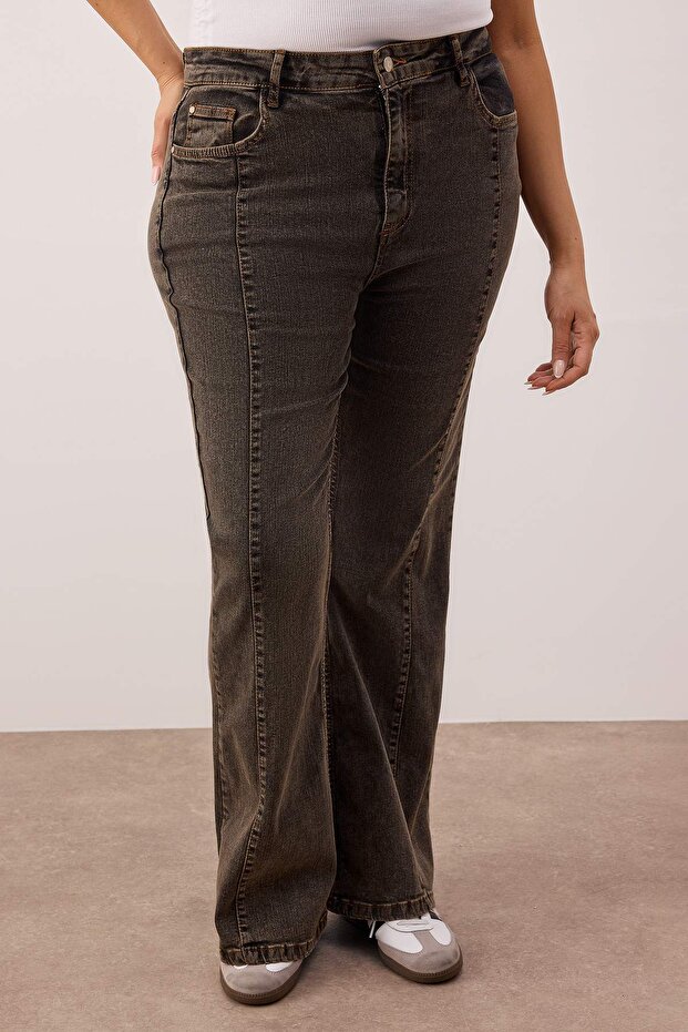 Özel Koleksiyon Kahverengi Yüksek Bel Nervürlü İspanyol Paça Büyük Beden Flare Jeans TBBAW26CJ00013 - 3