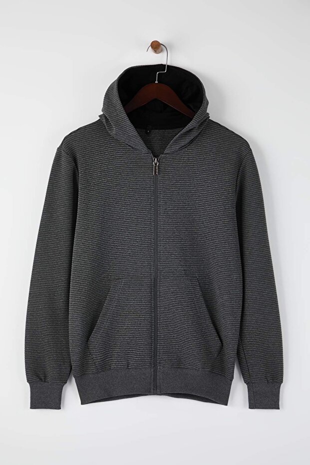Antrasit Regular/Normal Kesim Fermuarlı Kapüşonlu Dokulu Sweatshirt TMNAW26SW00067 - 5