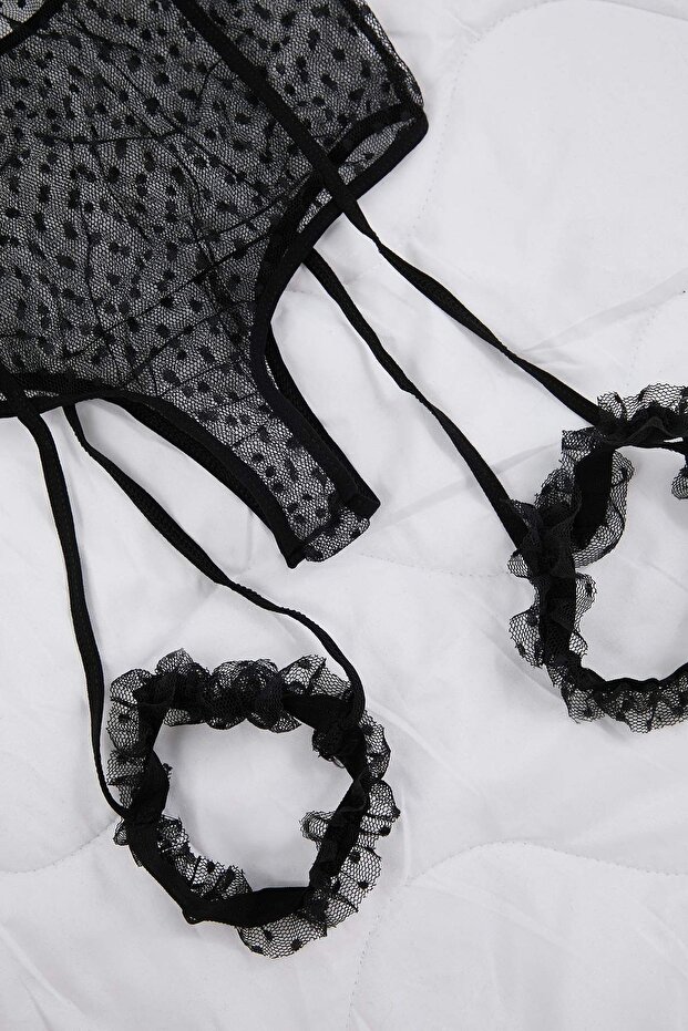 Siyah Tül Puantiyeli Bacak Bantlı Kapsız Body THMAW26BD00017 - 7