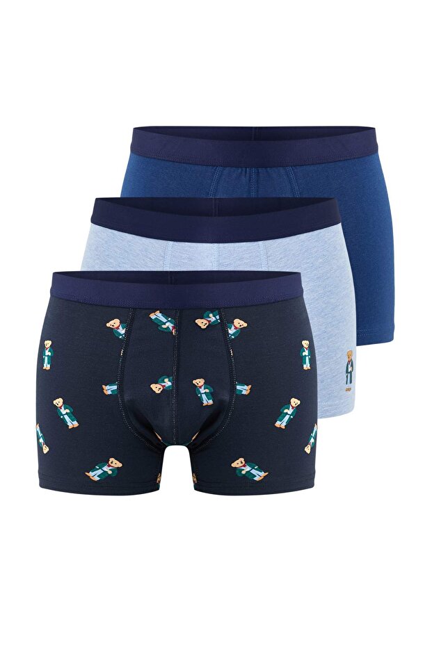 Çok Renkli 3'lü Paket Ayı Baskılı-Düz Esnek Pamuklu Boxer TMNSS25BX00008 - 1