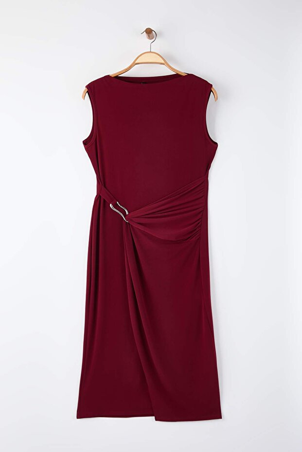Bordo Bodycon Midi Aksesuar Detaylı Örme Büyük Beden Elbise TBBSS25AH00248 - 5