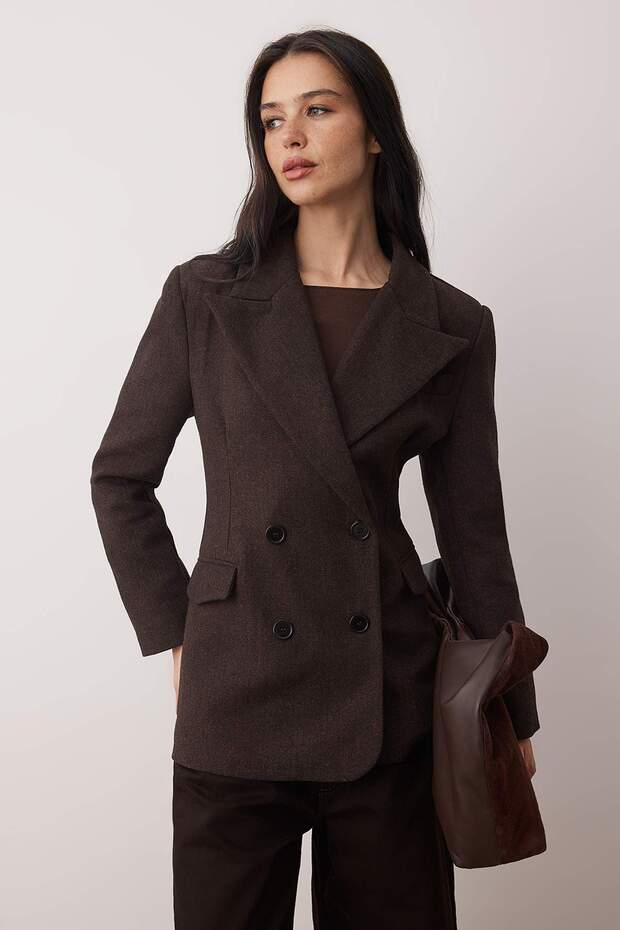 Kahverengi Kaşe Balıksırtı Kruvaze Fitted/Vücuda Oturan Kalıp Dokuma Blazer Ceket TWOAW26BC00037 - 2