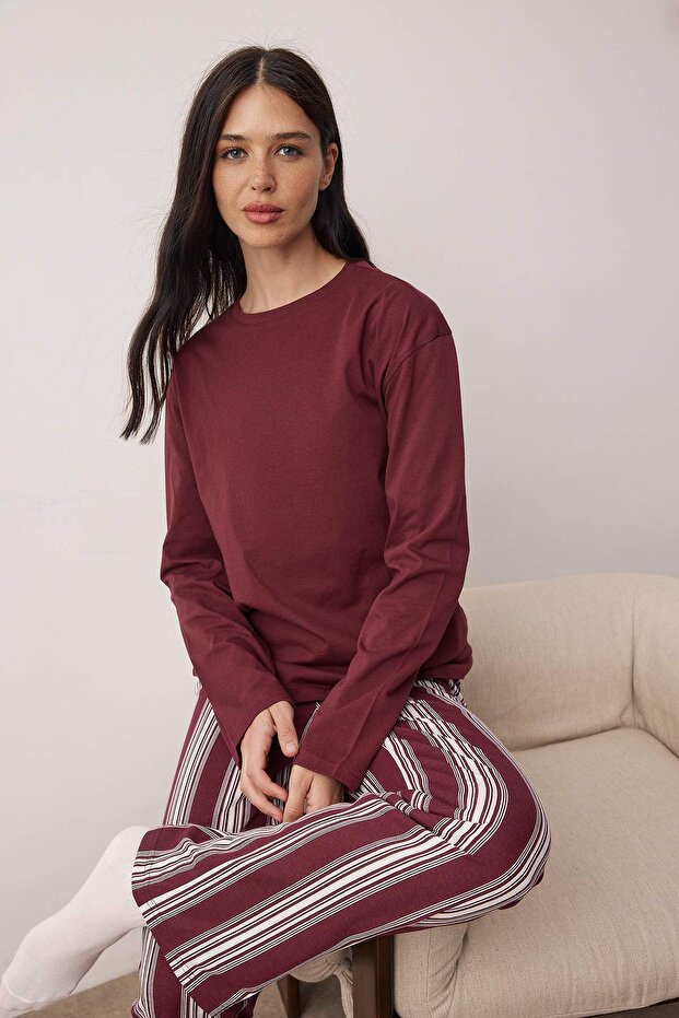 Bordo Pamuklu Çizgili Örme Pijama Takımı THMAW25PT00188 - 2