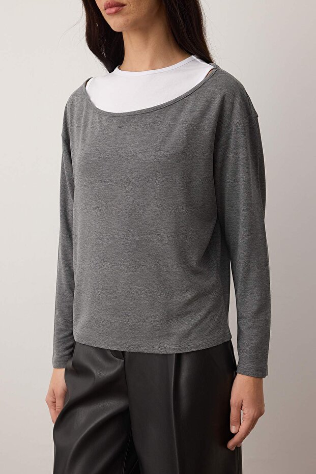 Gri Çift Katlı Regular/Normal Kalıp Örme Bluz TWOAW26BZ00332 - 2