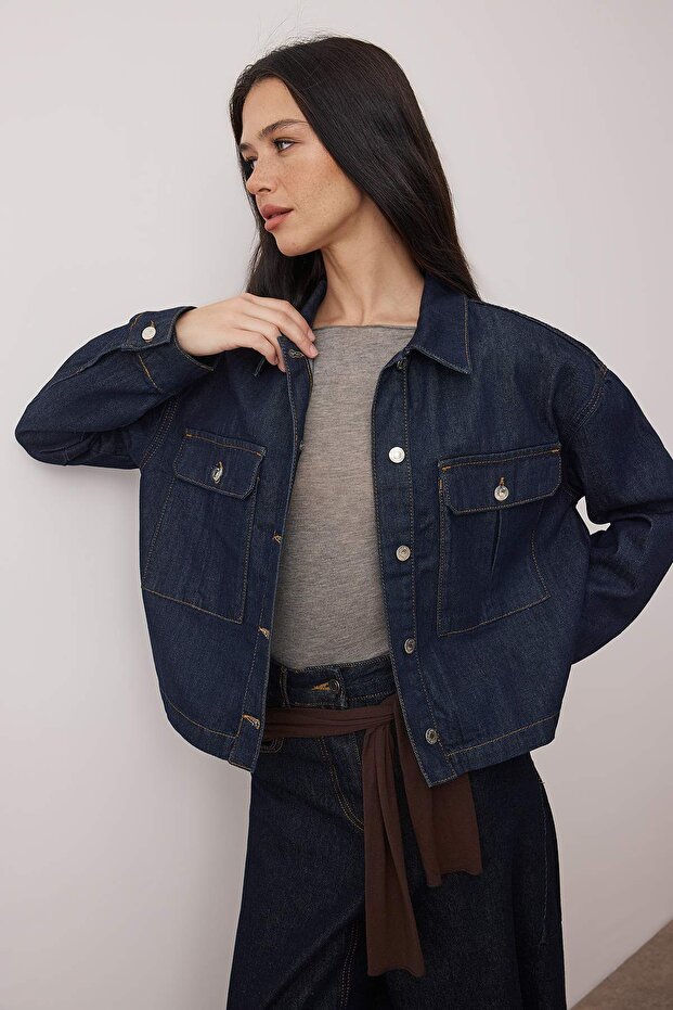 Koyu Mavi Cep Detaylı Regular Denim Ceket TWOAW26CE00038 - 2