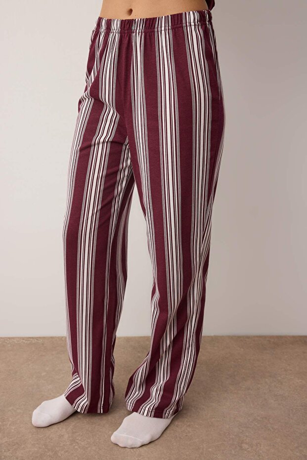 Bordo Pamuklu Çizgili Örme Pijama Takımı THMAW25PT00188 - 3