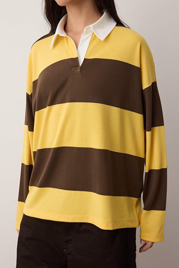 Sarı Çizgili Polo Yaka Oversize/Geniş Kalıp Örme Sweatshirt TWOAW26SW00051 - 3