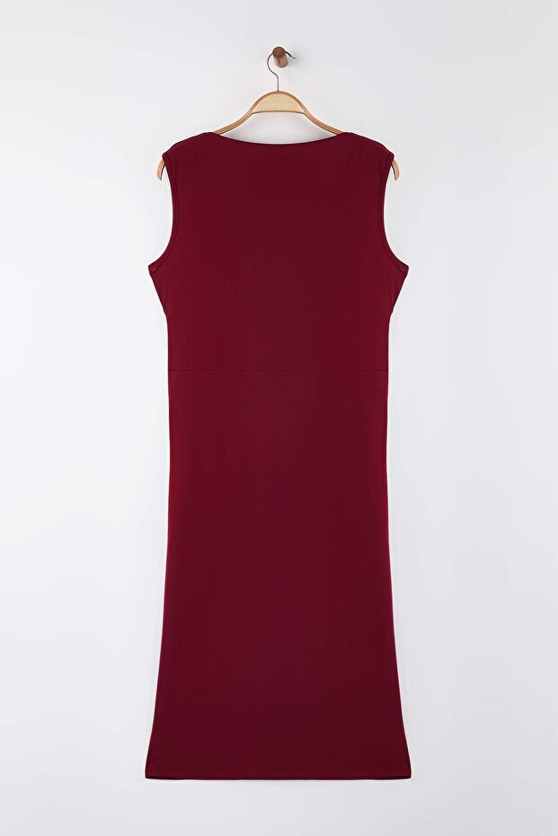 Bordo Bodycon Midi Aksesuar Detaylı Örme Büyük Beden Elbise TBBSS25AH00248 - 8