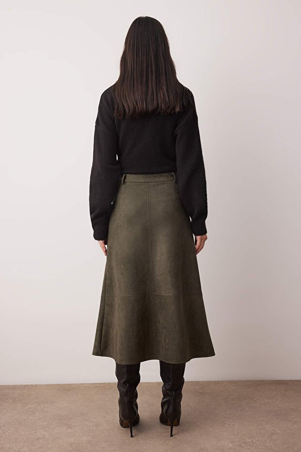 Haki A Line Midi Örme Süet Etek TWOAW26ET00128 - 4