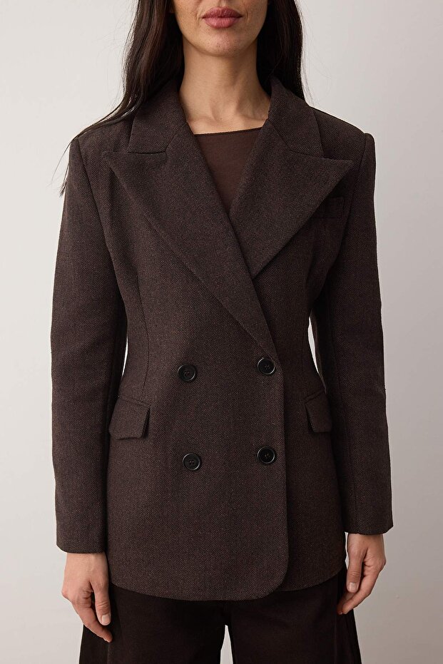 Kahverengi Kaşe Balıksırtı Kruvaze Fitted/Vücuda Oturan Kalıp Dokuma Blazer Ceket TWOAW26BC00037 - 3