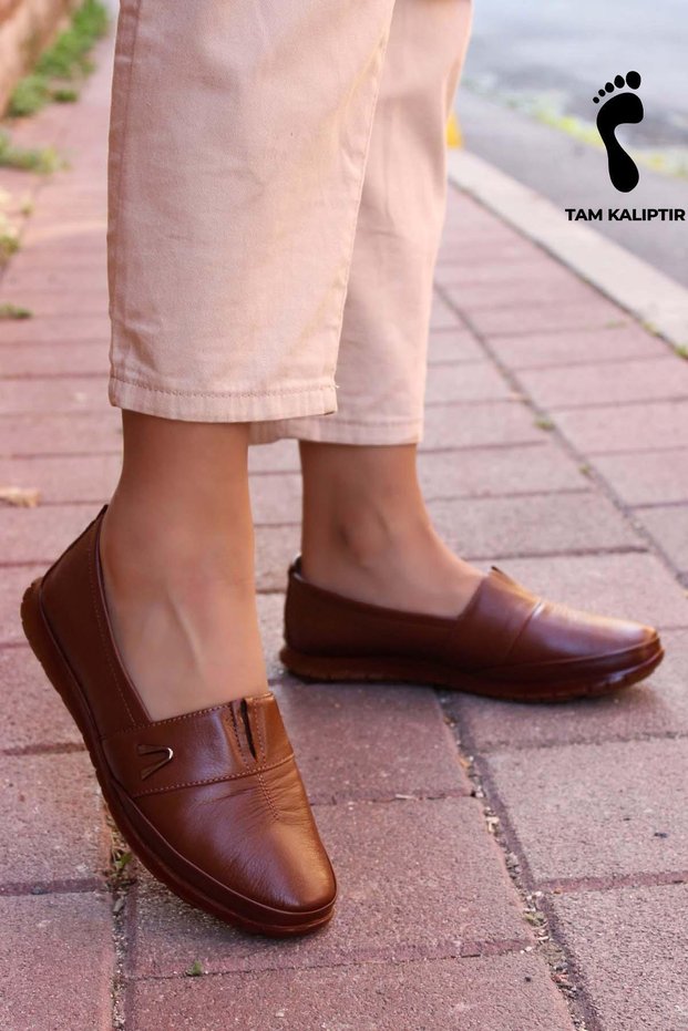 Genuine Leather Women's Daily Casual Shoes Brown Slip-On Laceless Inside and Outside Leather 864Za101
