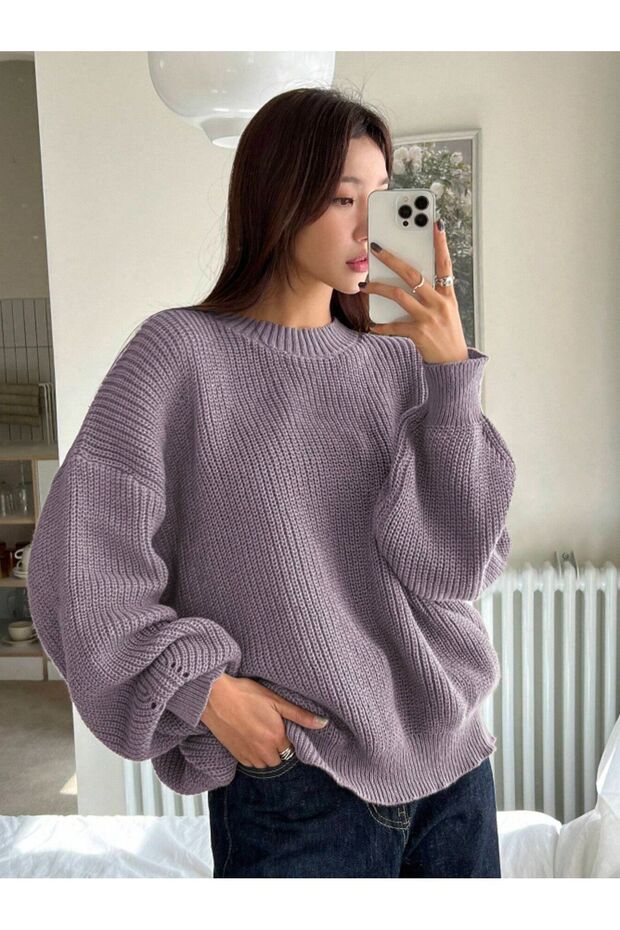 Kadın Selanik Örgü Lila Oversize Kazak, Kadın kazak - 2