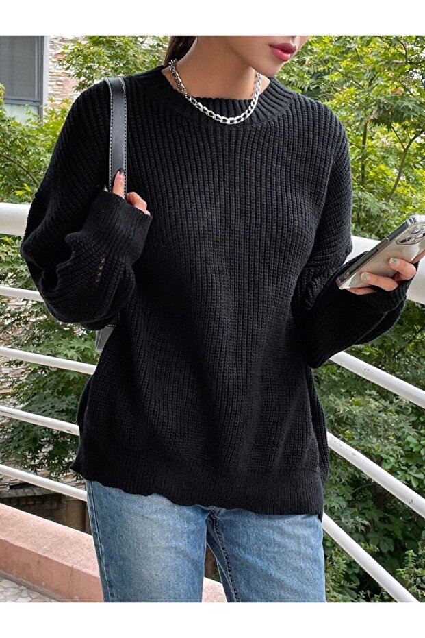 Damen-Selanik-Strickpullover in Schwarz, Oversize-Pullover, Damen Pullover - 7