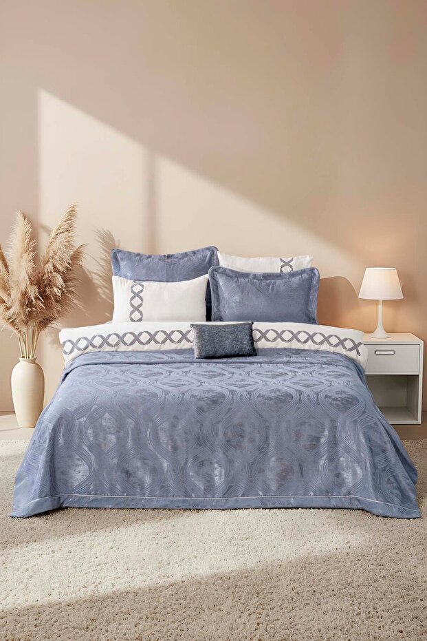 Asian Blue Embroidered Double Duvet Cover Pique Set - 8 Piece Dowry Set