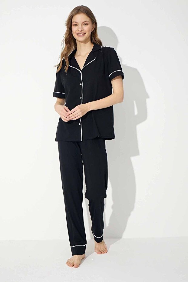 Dámska čierno-biela pyžamová súprava z bavlny s krátkym rukávom - 2