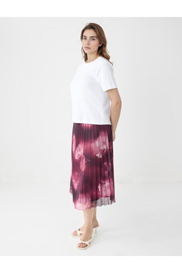 Gül Kurusu Yüksek Bel Piliseli Rahat Kesim Midi Etek - 2