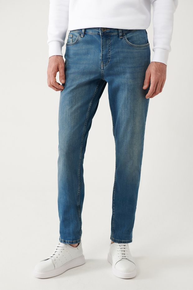 Erkek Mavi Eskitme Yıkama Esnek Jean Pantolon E003514 - 2