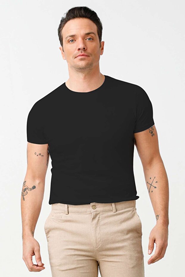 Black Standard Fit Slim Fit Crew Neck Plain Short Sleeve 100% Cotton T-Shirt