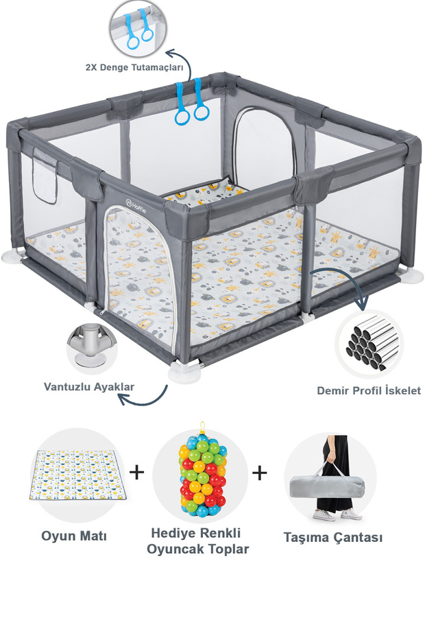 Hoffie Original Playard Plus Güvenli Bebek Ve Çocuk Oyun Alanı Oyun Parkı 120x120 Oyun Matı Ve Topları,gri