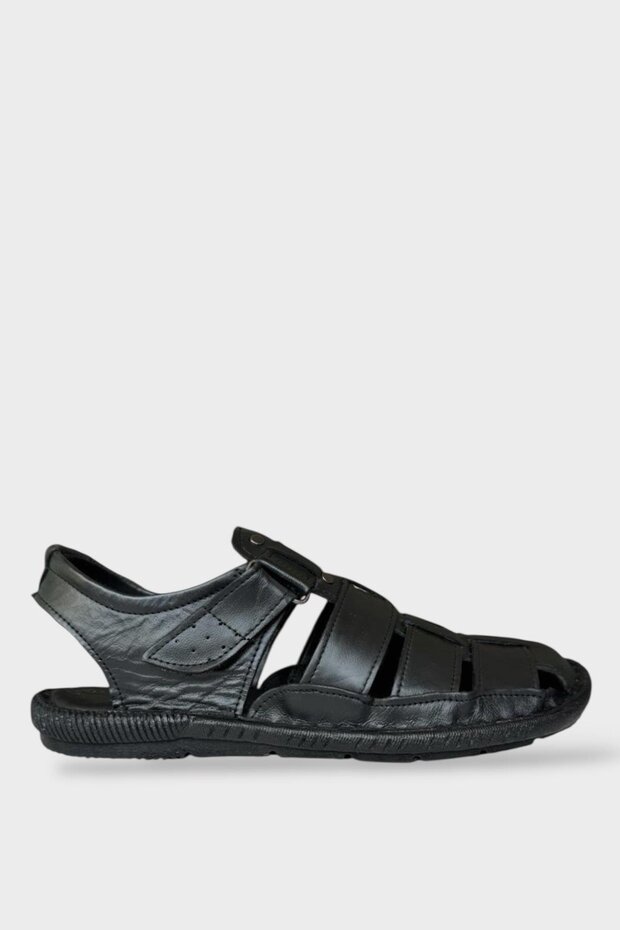Men's Genuine Leather Velcro Sandals BLACK-SMOKE