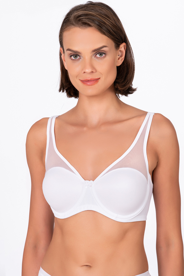 Women's Underwire Minimizer Gathering Bra – White with Transparent Tulle Detail