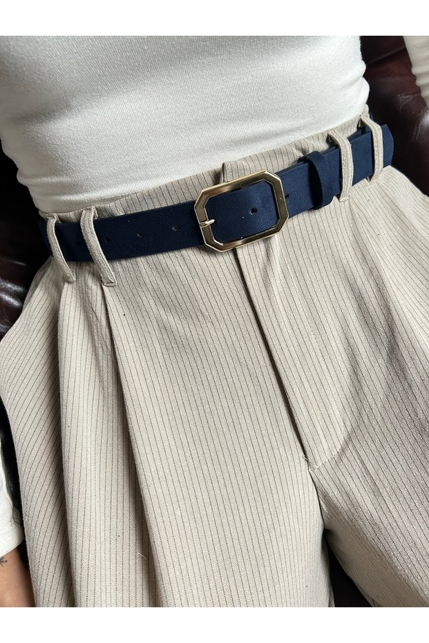 Trace Quadrilateral Patterned Suede Women's Gold Buckle Belt Jacket Belt Dress Belt Trouser Belt