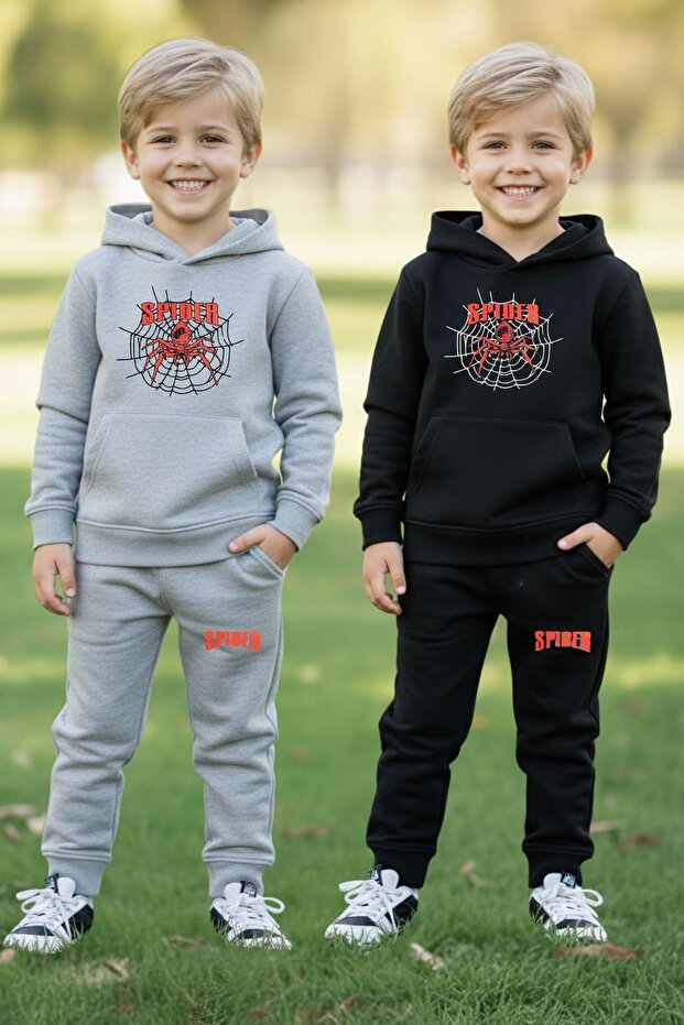 2-Piece Spider Printed Hooded Boy's Tracksuit Set