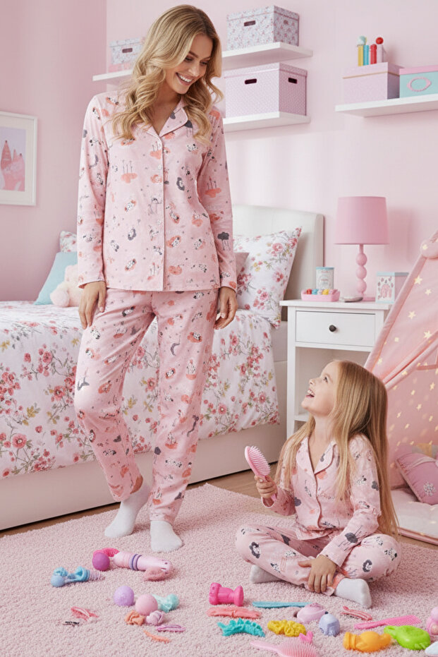 Bulut ve Koyun Desenli Düğmeli Pijama Takımı - 2