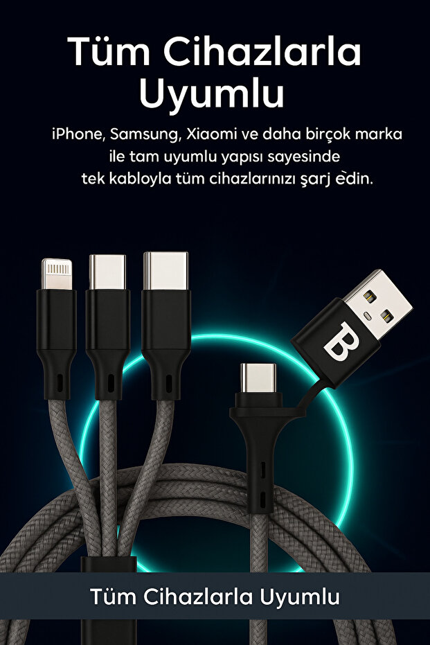4in1 Çoklu Örgü Şarj Kablosu 1.2m – Hızlı Şarj, Type-C / Lightning / Micro-USB Uyumlu - 4