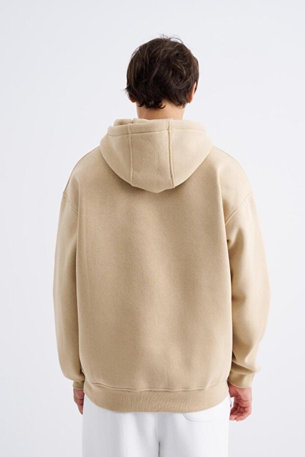 Erkek Basic Kapüşonlu Oversize Bej Sweatshirt - 2