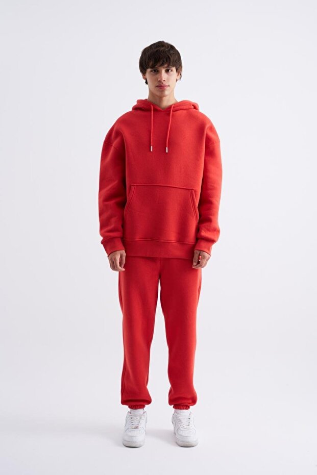 Erkek Basic Kapüşonlu Oversize Kırmızı Sweatshirt - 3